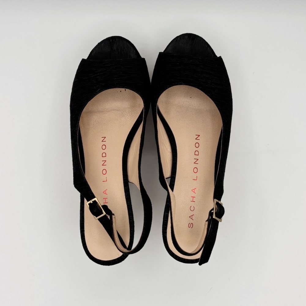 Sacha London Black Peep Toe Cork Wedge Slingback Heels Sz 8 - Picture 4 of 7